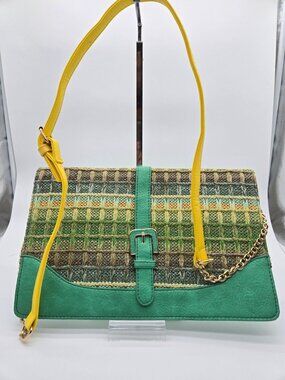 Hand-Woven Green & Yellow Shoulder Bag With Adjustable Strap & Gold Chain Detail
